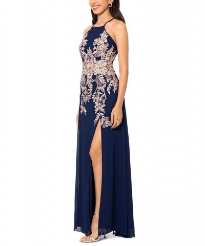 Women's Embellished Appliquéd Halter Gown Navy Rose $89.70 Dresses