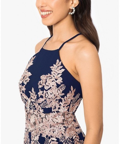 Women's Embellished Appliquéd Halter Gown Navy Rose $89.70 Dresses