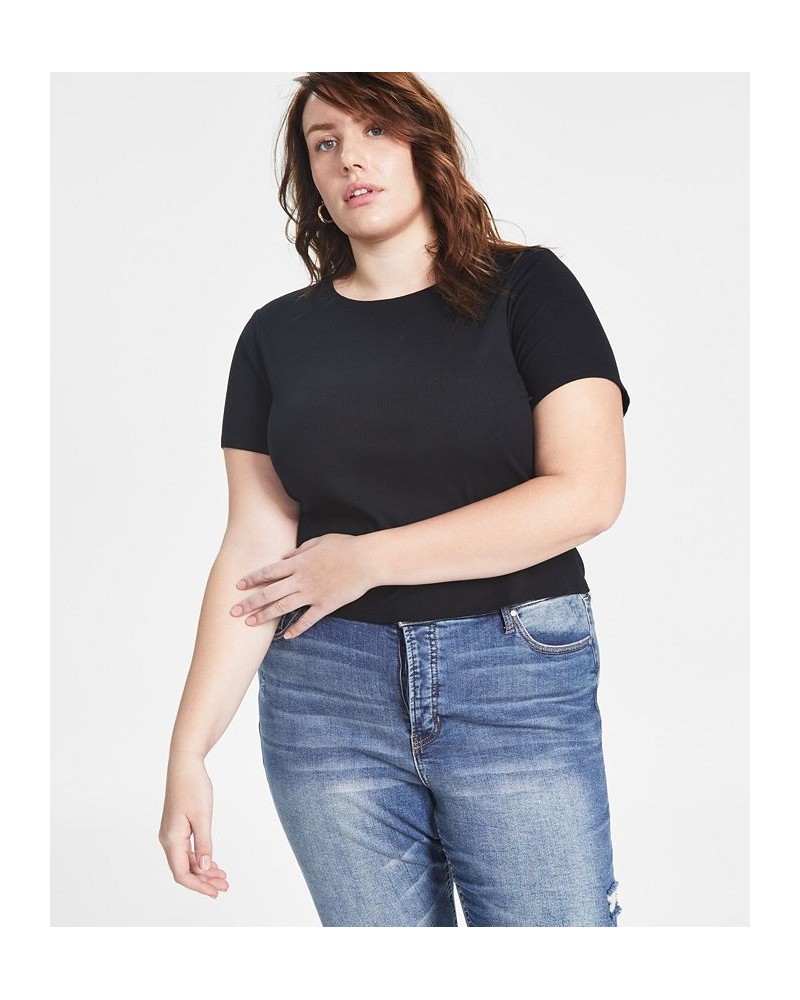 Trendy Plus Size Ribbed T-Shirt Black $11.27 Tops