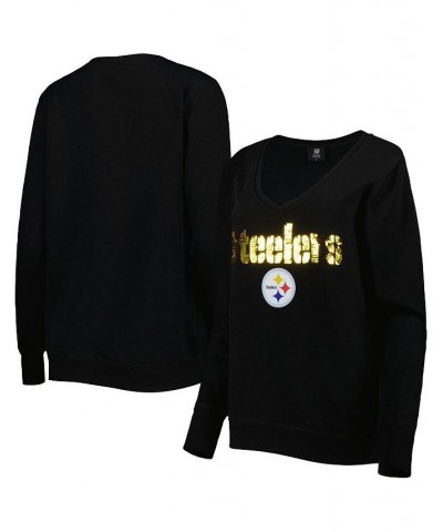 Women's Black Pittsburgh Steelers Sequin Logo V-Neck Pullover Sweatshirt Black $39.60 Sweatshirts