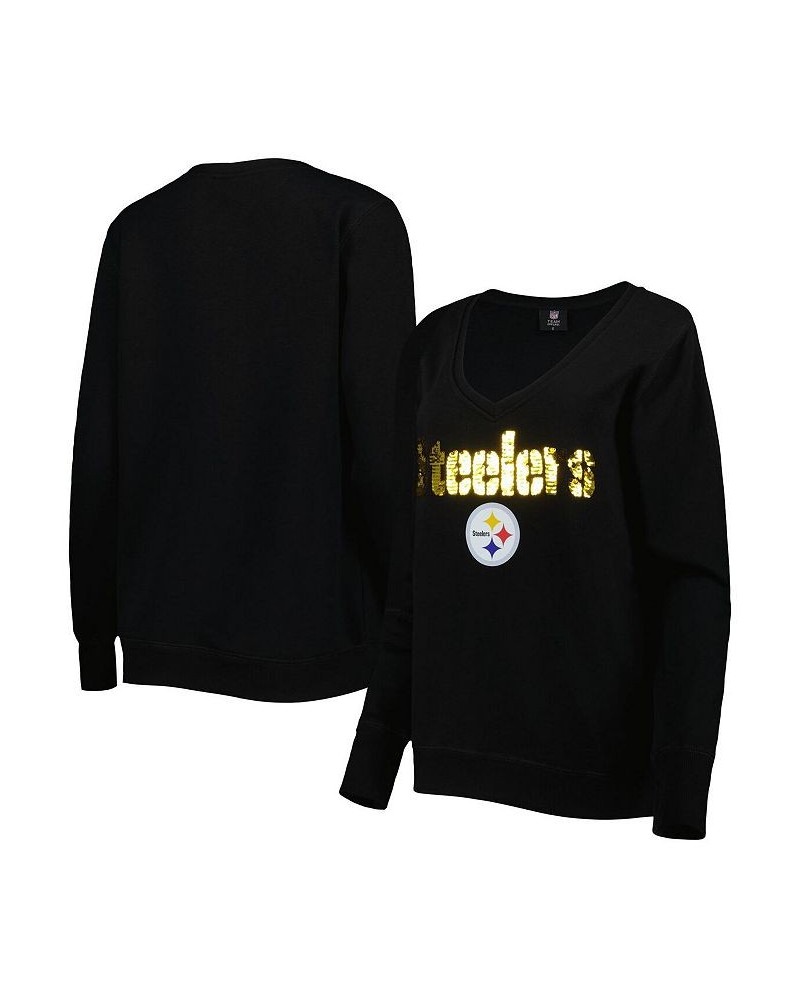 Women's Black Pittsburgh Steelers Sequin Logo V-Neck Pullover Sweatshirt Black $39.60 Sweatshirts