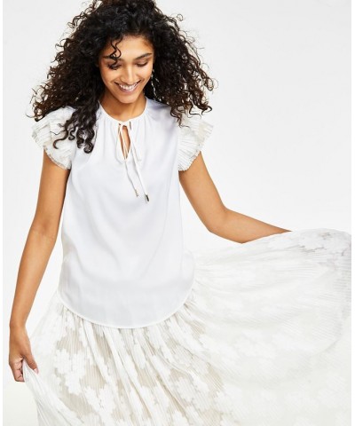 Women's Lace Cap-Sleeve Split-Neck Top Bright White/crema $52.32 Tops