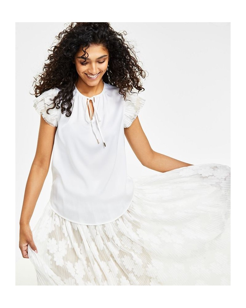 Women's Lace Cap-Sleeve Split-Neck Top Bright White/crema $52.32 Tops