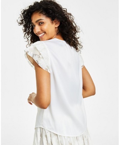 Women's Lace Cap-Sleeve Split-Neck Top Bright White/crema $52.32 Tops