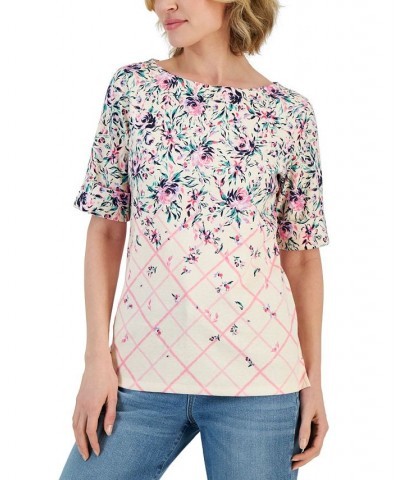 Petite Cascading Floral Boat-Neck Top Pink $12.38 Tops