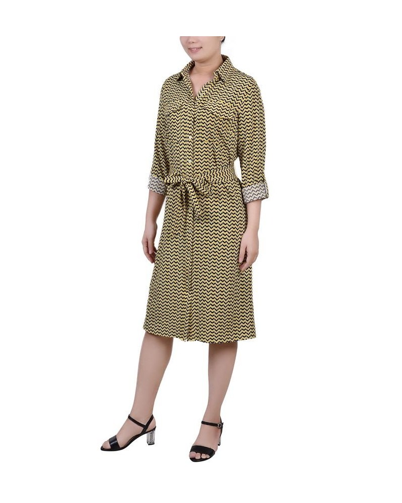 Petite Geometric Printed Long Sleeve Roll Tab Shirtdress Gold-Tone Black Chevron $19.24 Dresses