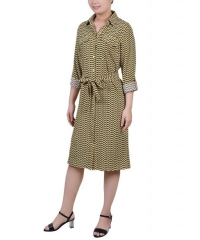 Petite Geometric Printed Long Sleeve Roll Tab Shirtdress Gold-Tone Black Chevron $19.24 Dresses