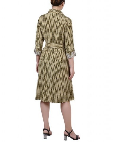 Petite Geometric Printed Long Sleeve Roll Tab Shirtdress Gold-Tone Black Chevron $19.24 Dresses