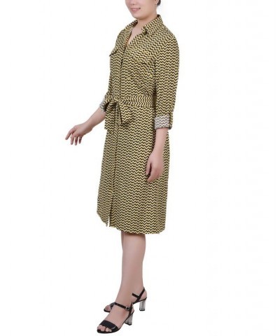 Petite Geometric Printed Long Sleeve Roll Tab Shirtdress Gold-Tone Black Chevron $19.24 Dresses