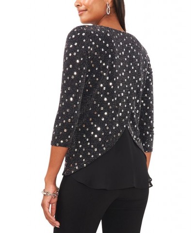 Women's Metallic Chiffon Envelope-Back Top Black Silver $40.29 Tops