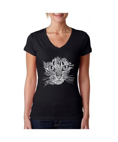 Women's Word Art V-Neck T-Shirt - Cat Face Black $18.54 Tops
