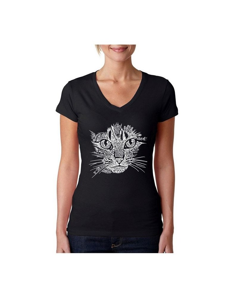 Women's Word Art V-Neck T-Shirt - Cat Face Black $18.54 Tops