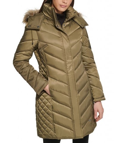 Petite Faux-Fur-Trim Hooded Puffer Coat Green $94.40 Coats