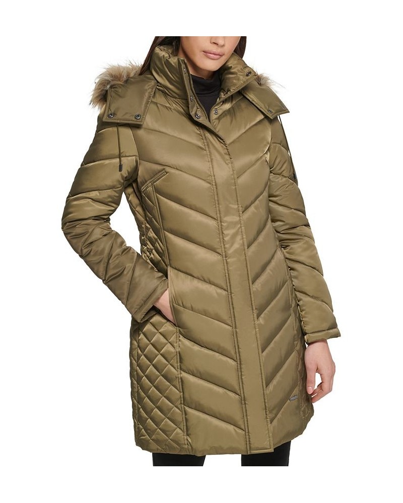 Petite Faux-Fur-Trim Hooded Puffer Coat Green $94.40 Coats