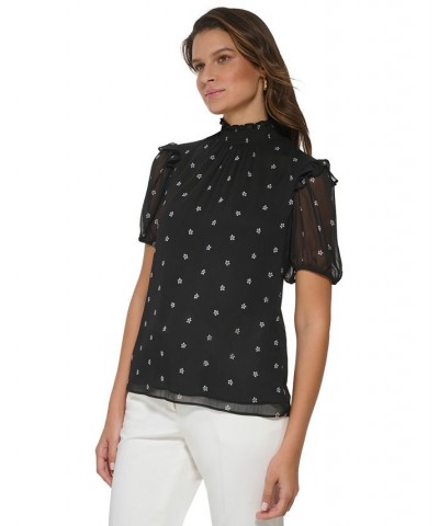 Women's Sheer-Sleeve Mock-Neck Top Black Multi $20.24 Tops