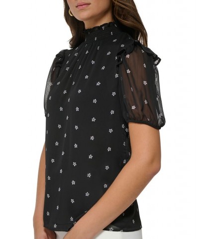 Women's Sheer-Sleeve Mock-Neck Top Black Multi $20.24 Tops