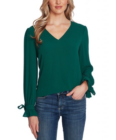 Women's Solid Long Sleeve V-Neck Tie-Cuff Blouse Alpine Green $21.81 Tops