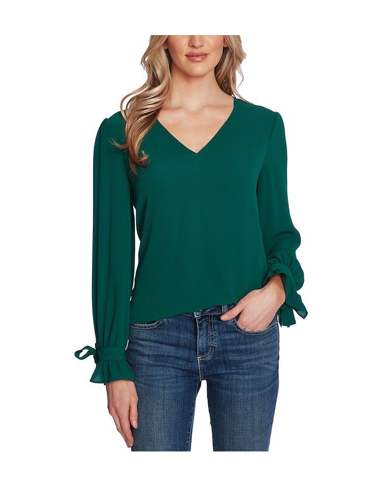 Women's Solid Long Sleeve V-Neck Tie-Cuff Blouse Alpine Green $21.81 Tops