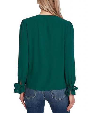 Women's Solid Long Sleeve V-Neck Tie-Cuff Blouse Alpine Green $21.81 Tops