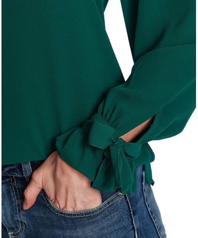 Women's Solid Long Sleeve V-Neck Tie-Cuff Blouse Alpine Green $21.81 Tops