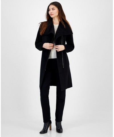 Women's Asymmetric Belted Wrap Coat Black $96.00 Coats