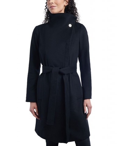 Women's Asymmetric Belted Wrap Coat Black $96.00 Coats