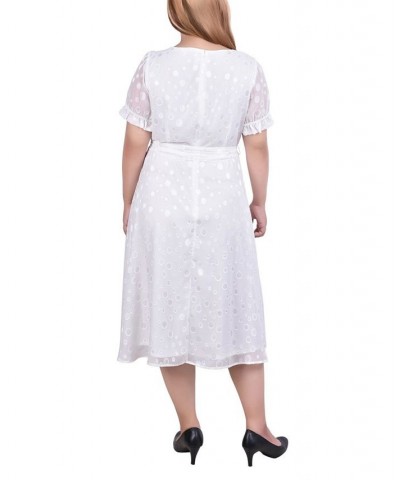 Plus Size Short Sleeve Belted Swiss Dot Dress Mellow Rose Rectangle $19.59 Dresses