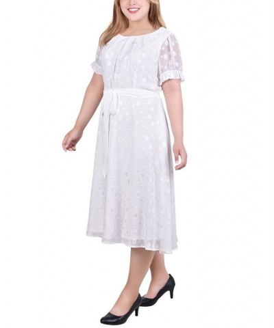 Plus Size Short Sleeve Belted Swiss Dot Dress Mellow Rose Rectangle $19.59 Dresses