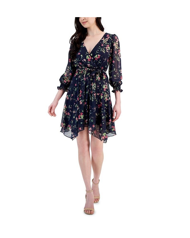 Petite Floral-Print Belted Asymmetrical-Hem Dress Navy/fuschia $44.03 Dresses