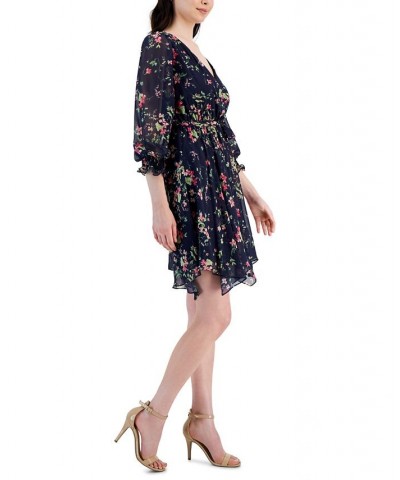 Petite Floral-Print Belted Asymmetrical-Hem Dress Navy/fuschia $44.03 Dresses