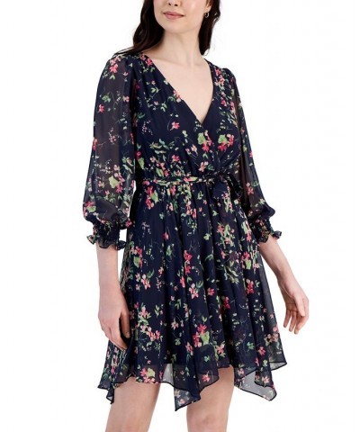 Petite Floral-Print Belted Asymmetrical-Hem Dress Navy/fuschia $44.03 Dresses