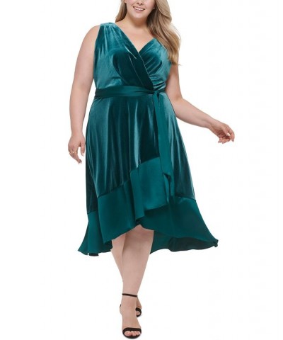 Plus Size Mixed-Media Surplice V-Neck Belted Dress Forest Green $32.41 Dresses