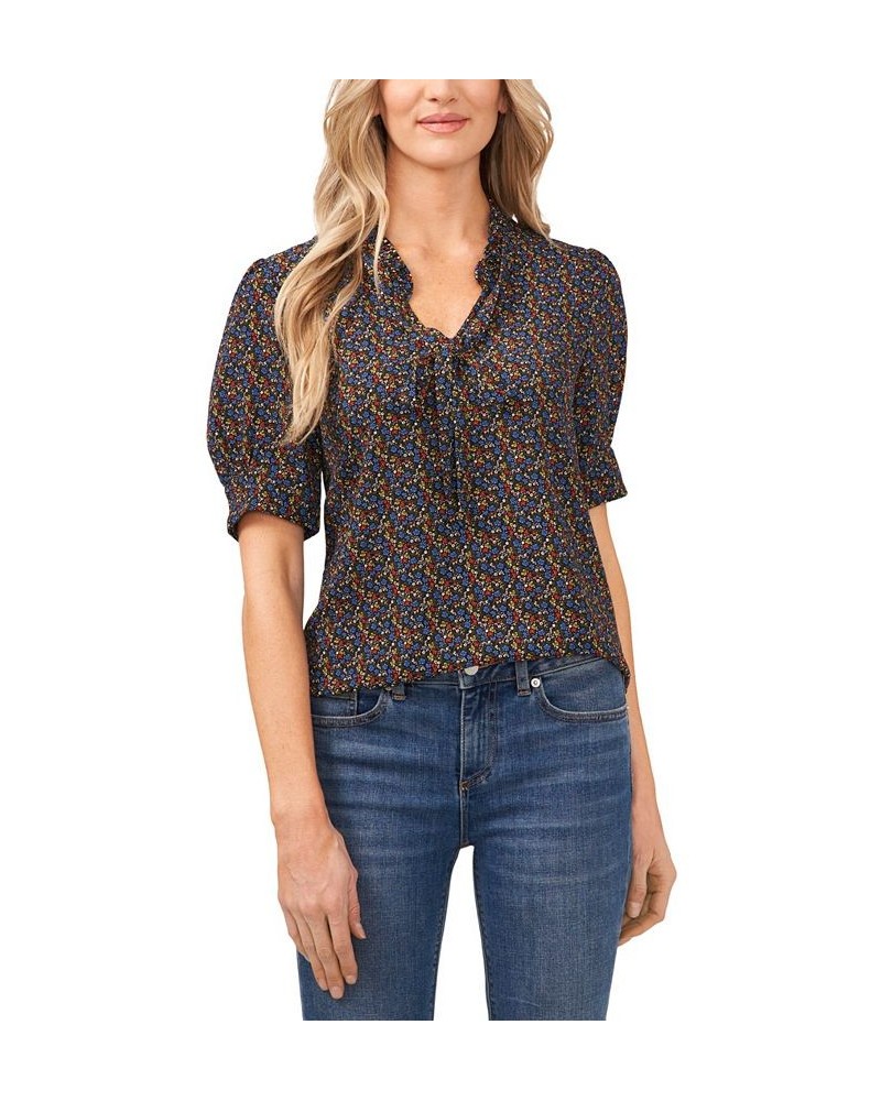 Women's Printed Tie-Neck Blouse Top Rich Black $45.39 Tops