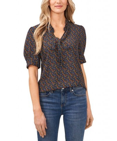 Women's Printed Tie-Neck Blouse Top Rich Black $45.39 Tops