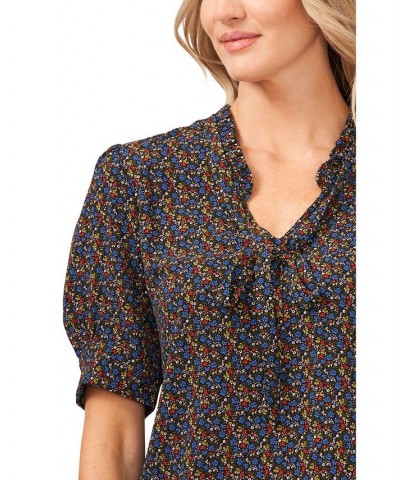 Women's Printed Tie-Neck Blouse Top Rich Black $45.39 Tops