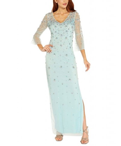 Petite Floral-Beaded Bell-Sleeve Gown Sea Glass $108.15 Dresses