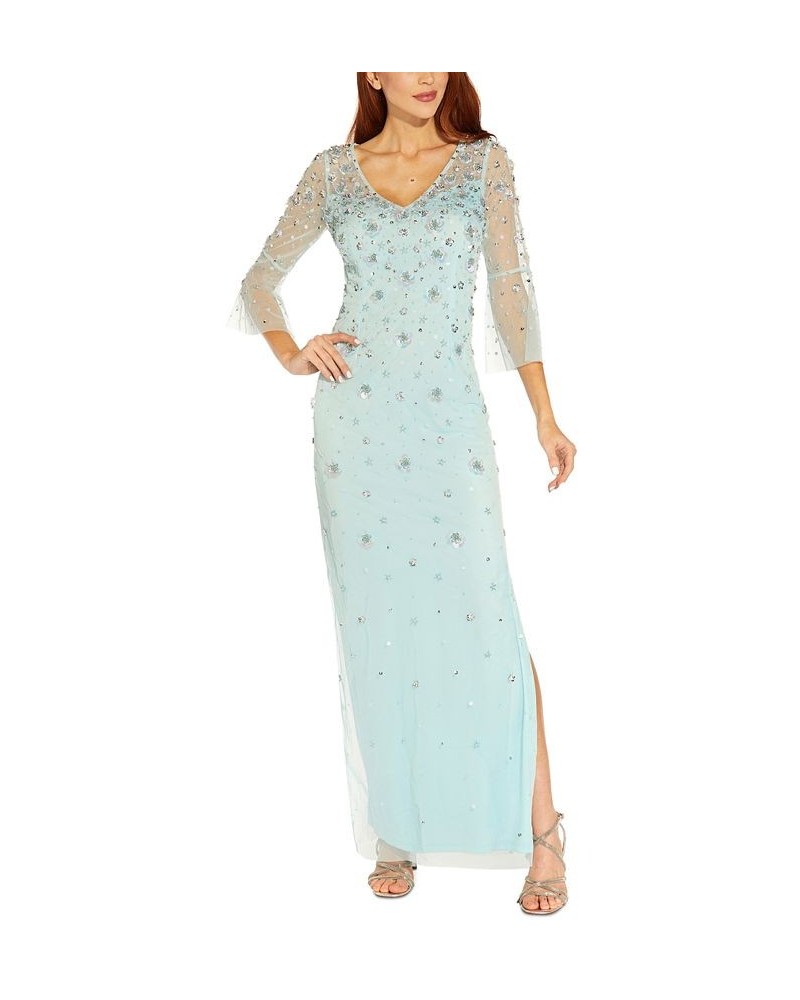 Petite Floral-Beaded Bell-Sleeve Gown Sea Glass $108.15 Dresses