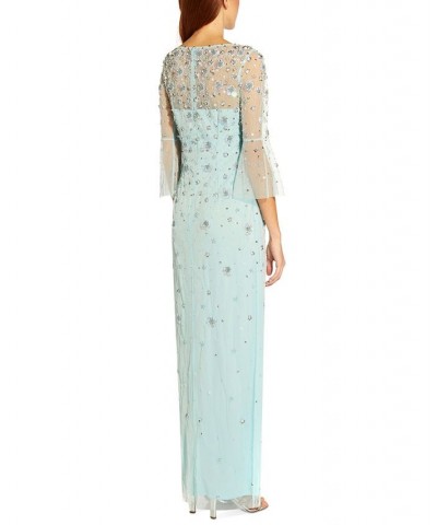 Petite Floral-Beaded Bell-Sleeve Gown Sea Glass $108.15 Dresses