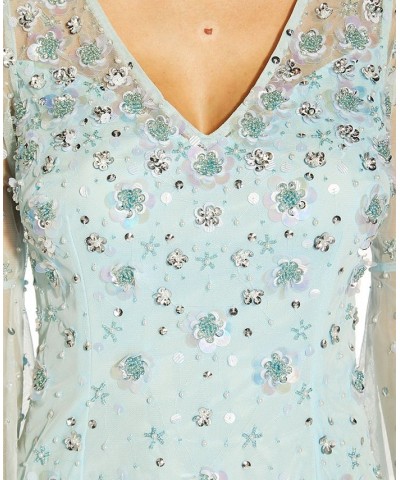 Petite Floral-Beaded Bell-Sleeve Gown Sea Glass $108.15 Dresses