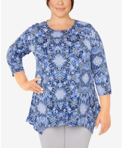 Plus Size Knit Kaleidoscope Print Top Blue $17.22 Tops