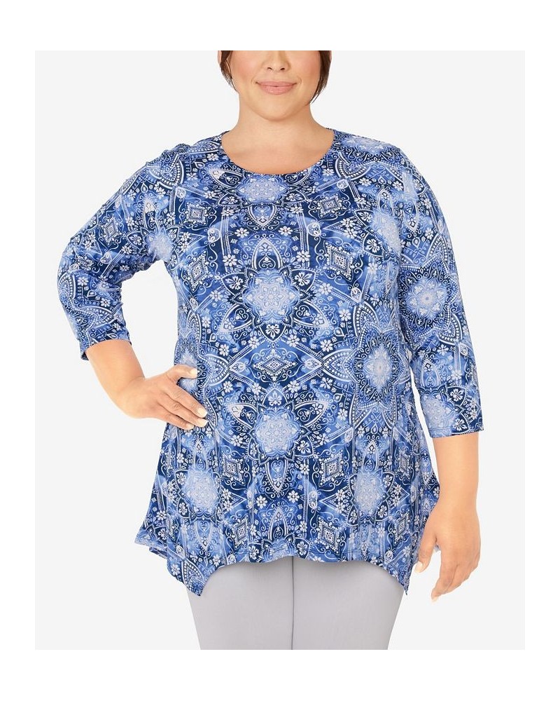 Plus Size Knit Kaleidoscope Print Top Blue $17.22 Tops