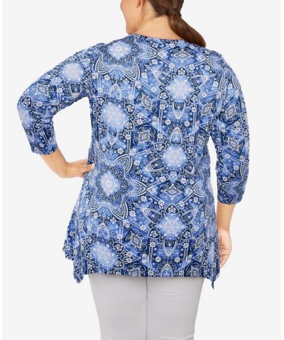 Plus Size Knit Kaleidoscope Print Top Blue $17.22 Tops