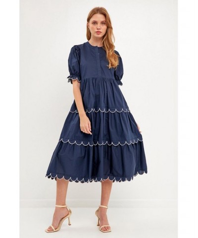 Women's Contrast Scallop Edge Midi Dress Multi $63.00 Dresses