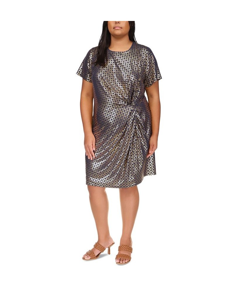 Plus Size Foil-Print Short-Sleeve Dress Midnight Blue $49.30 Dresses