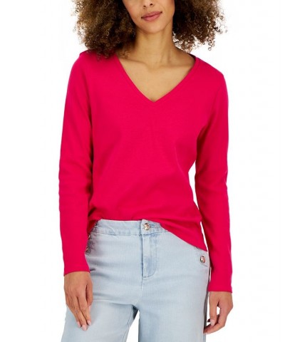 Women's Cotton Long-Sleeve V-Neck T-Shirt Bold Strawberry $12.50 Tops