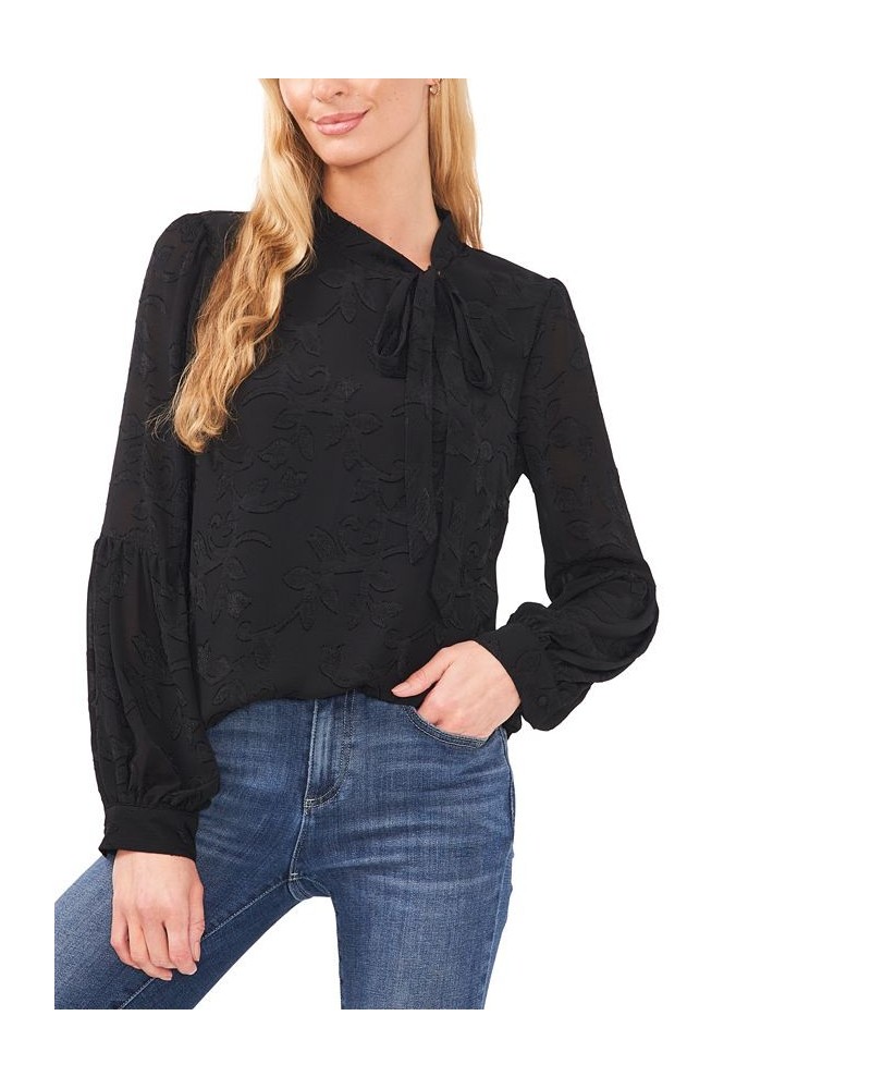 Women's Clip Jacquard Long-Sleeve Bow Blouse Black $32.72 Tops