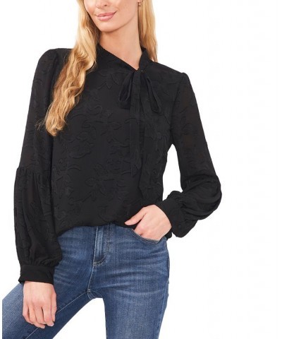 Women's Clip Jacquard Long-Sleeve Bow Blouse Black $32.72 Tops