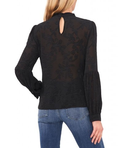 Women's Clip Jacquard Long-Sleeve Bow Blouse Black $32.72 Tops