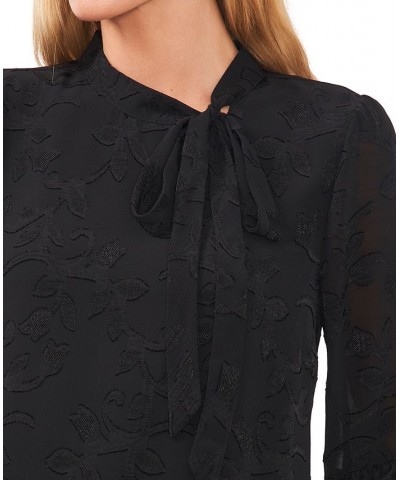 Women's Clip Jacquard Long-Sleeve Bow Blouse Black $32.72 Tops