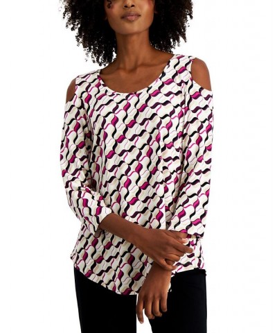 Petite Wave Laces Cold-Shoulder 3/4-Sleeve Top Wildflower Pink Combo $9.20 Tops